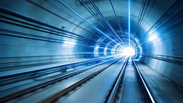 Subway tunnel interior with tracks leading to bright exit and blue lighting