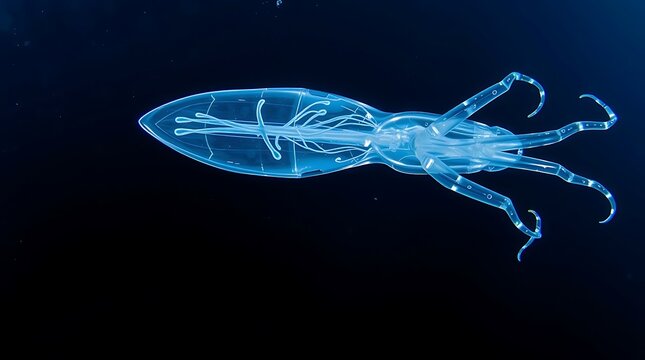 Transparent bioluminescent squid with internal structures visible, glowing with ethereal blue light in the dark ocean abyss