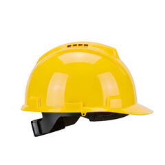 Bright yellow safety helmet used for professional industrial construction site head protection gear isolated on transparent background