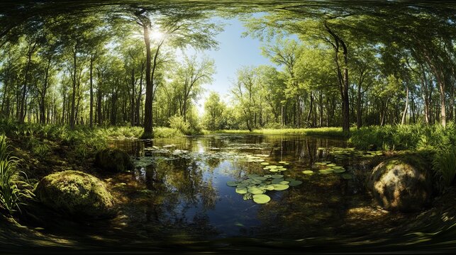 360&deg; hdri forest and swamp environment map, spherical panorama, equidistant projection, 3d rendering