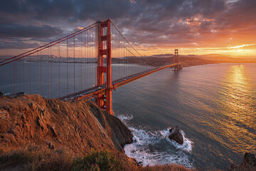 Fototapeta premium Golden Gate Bridge sunset panoramic view with orange sky and calm water, rocky coastline in foreground, and distant cityscape under dramatic clouds