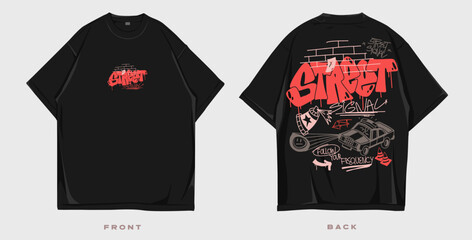 Graffiti t shirt design, Urban t-shirt design for print. Streetwear graphic for clothing design. Merch and apparel design. Scribble, doodles, cartoon vector illustration. Oversized tee mockup © Universtock