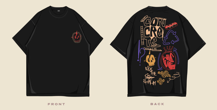 Graffiti t shirt design, Urban t-shirt design for print. Streetwear graphic for clothing design. Merch and apparel design. Scribble, doodles, cartoon vector illustration. Oversized tee mockup