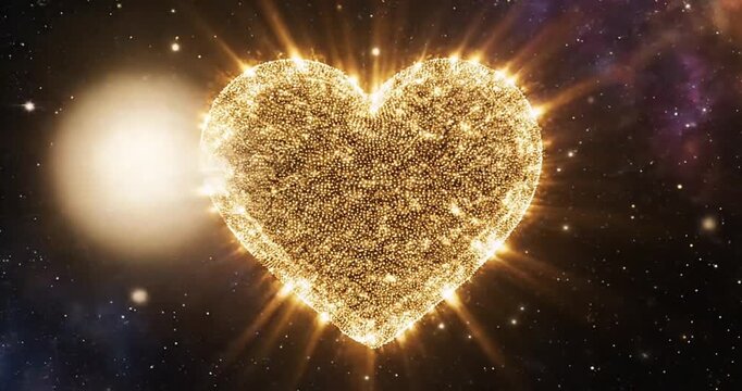 A shimmering golden heart shape radiating light in a cosmic space filled with stars