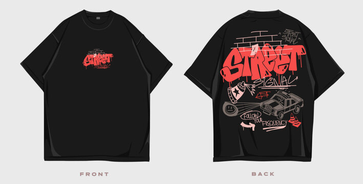 Graffiti t shirt design, Urban t-shirt design for print. Streetwear graphic for clothing design. Merch and apparel design. Scribble, doodles, cartoon vector illustration. Oversized tee mockup