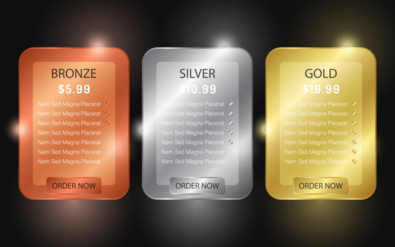 Pricing table template with bronze, silver and gold metallic cards for subscription plans. Luxury glowing ui interface design for web design, mobile apps, and e-commerce services.