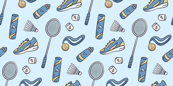 Badminton doodle background. Badminton equipment pattern background. Cute badminton seamless pattern for kids. Sport hand drawn seamless pattern with racket, shuttlecock, medal, bottle, shoes.