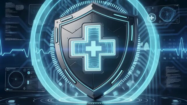 A futuristic shield design with a medical cross and circuit patterns.