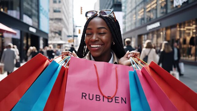 The 'Almost' Free Item. Girl Math. Retail / Emotion. A photorealistic shot of a woman&rsquo;s face peeking through a gap in colorful shopping bags she is carrying, set on a busy city sidewalk
