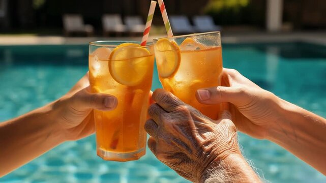 Two iced drinks with lemon slices are clinked together by hands by a poolside.