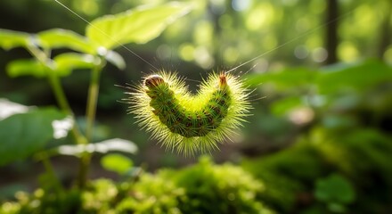 Fototapeta premium Macro shot of a bright green spiky caterpillar hanging from a thin silk thread in a sunny forest