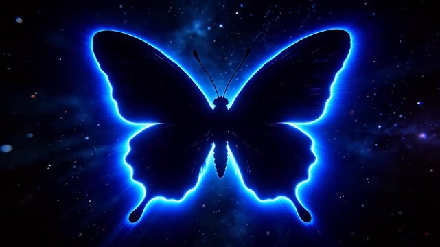 Black butterfly silhouette with blue glowing edges in starry space