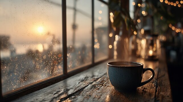 Cinematic morning coffee shop scene viewed through foggy window, sunrise light spilling across counter, cup in focus, golden reflections creating motivational and inspiring atmosphere