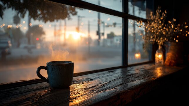 Cinematic morning coffee shop scene viewed through foggy window, sunrise light spilling across counter, cup in focus, golden reflections creating motivational and inspiring atmosphere