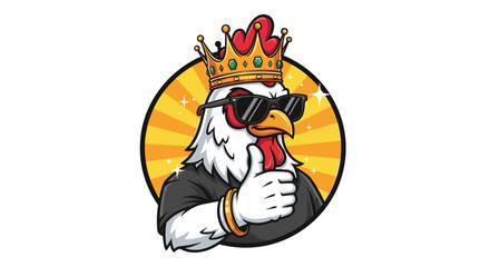 Fototapeta premium Cool chicken wearing sunglasses and a crown giving a thumbs up cartoon style isolated on white background with sunburst