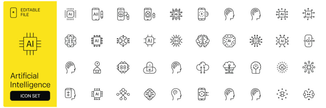 Outline icons illustrating artificial intelligence, machine learning, data processing, and smart technology concepts.