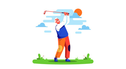 Fototapeta premium Golfer swings club during sunny day on green course with clouds and sun in background outdoor leisure activity