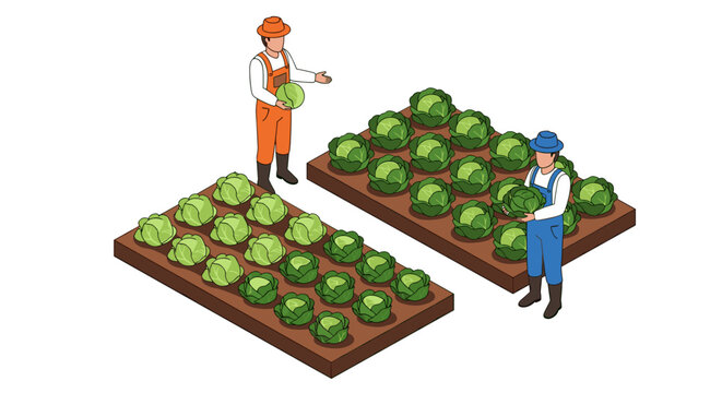 Isometric illustration of two farmers tending to rows of fresh green cabbage plants in a fertile garden bed showcasing