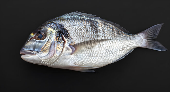 Fresh raw sea bream fish with silver scales isolated on a dark background