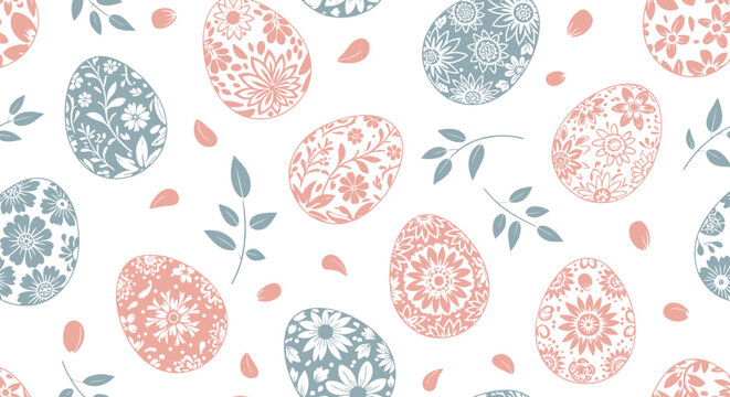 Seamless pattern with decorative easter eggs with floral ornament in pastel pink and blue colors