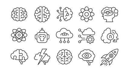 Obraz premium Modern line icons for artificial intelligence, brain, science, robotics, cloud computing, and innovation.
