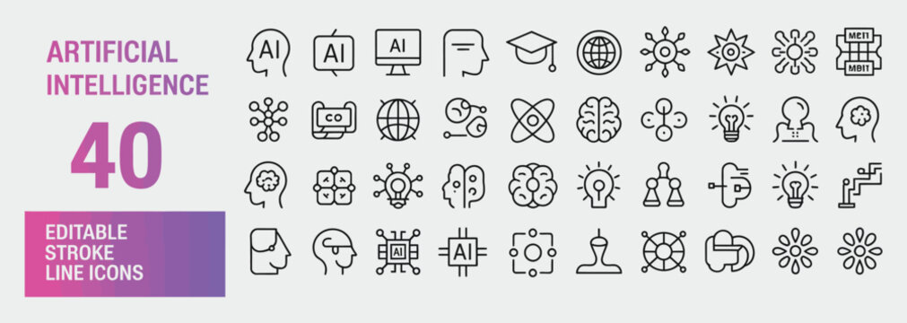 Comprehensive set of 40 editable stroke line icons representing artificial intelligence, machine learning, and technological innovation concepts.