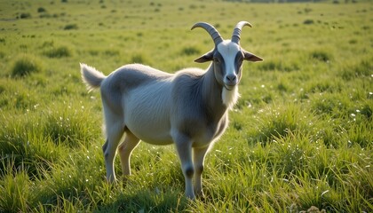 Naklejka premium Grey and white Qurbani goat standing in green rural field with natural sunlight