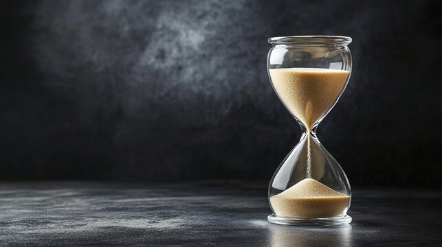 settled. Macro shot of an hourglass with all sand settled in the bottom bulb. wellbeing guides, coaching materials, designed for mental health education and mindfulness programs.