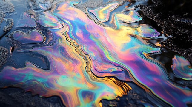 underlayment. Natural asphalt lake surface with oily iridescent sheens under sunlight. ESG reports, sustainability campaigns, designed for environmental awareness campaigns, promotes sustainability.