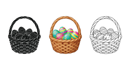 Set of easter baskets with colorful eggs, including silhouette, full color illustration, and black and line art style