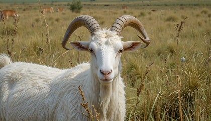 Big white Qurbani goat with long horns in farm field.