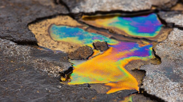 underlayment. Natural asphalt lake surface with oily iridescent sheens under sunlight. ESG reports, sustainability campaigns, designed for environmental awareness campaigns, promotes sustainability.