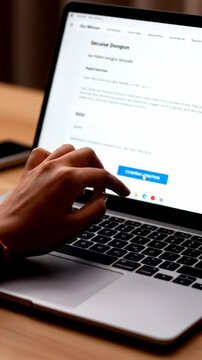 Close Up of a Person Typing on a Laptop Showing Impact Stories with Diverse People and a Red Button Labeled Read More