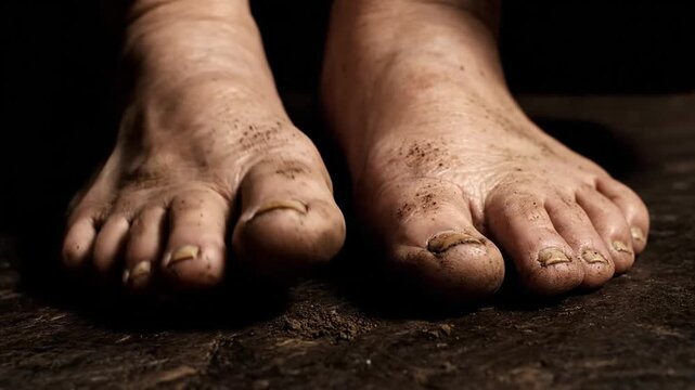 Dirty bare feet on dark surface.