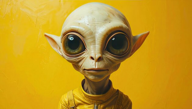 An otherworldly portrait captures a curious, wide-eyed alien with a stylized yellow collar against a vibrant golden backdrop
