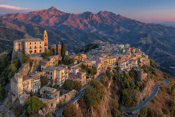Obraz premium Aerial panoramic cityscape of traditional hillside town with historic stone buildings and winding roads surrounded by lush greenery and dramatic mountain range under soft evening light