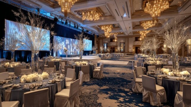 Luxurious ballroom conference setup with elegant seating, modern lighting, and spacious event layout for corporate meetings and business gatherings