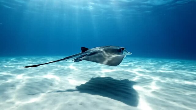 Eagle Ray Swimming Underwater Ocean.