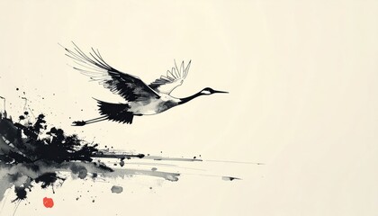 Fototapeta premium A crane takes flight from abstract black ink, minimalist style on a cream background