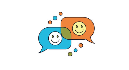 Obraz premium Two colourful speech bubbles with happy smiley faces overlapping on a white background representing communication and social media.