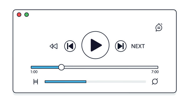 Clean interface of a digital media player window with playback controls buttons progress bar and volume slider on a white background.