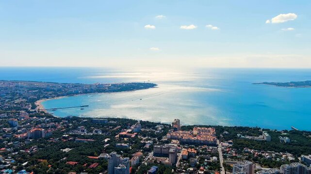 Gelendzhik, Russia. View of Gelendzhikskaya Bay. Panorama of the city. Black Sea. Drone footage