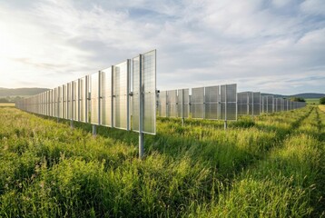 Obraz premium Row of double sided photovoltaic panels standing vertically in agrivoltaics farm