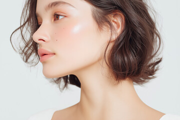 Fototapeta premium 日本人, 女性, 20代, 美肌, 白背景, 透明感, ポートレート, 清潔感, 爽やか, ショートヘア, ボブ, 茶髪, ウェーブヘア, スキンケア, 美容, 健康的, ナチュラル, 笑顔, キャミソール, 白, 抜け感, 基礎化粧品, コスメ, 素肌, 輝き, ツヤ肌, 清楚, ライフスタイル, コピースペース, 切り抜き, 広告素材, 1人, 若い, ミニマル, ウェブ素材, 瑞々しい, 潤