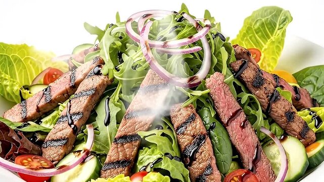 This vibrant close-up captures a freshly prepared gourmet salad, showcasing succulent slices of grilled, medium-rare meat steak atop a generous bed of crisp, mixed greens including arugula, romaine le