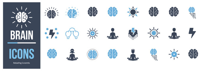 A comprehensive set of brain icons representing mental health, cognitive functions, creativity, and mindfulness concepts. © MDTAREQ