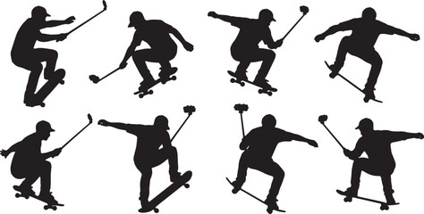 Black Solid Action Sports Selfie Stick Camera Silhouettes Set of Six on White Background © Lubna