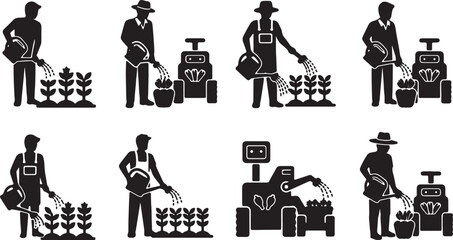 Obraz premium Black Solid Agricultural Robot Farming Silhouettes Set of Six on White Background
