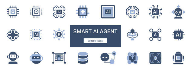 Fototapeta premium A modern collection of smart AI agent icons depicting artificial intelligence, robotics, and computing technology.
