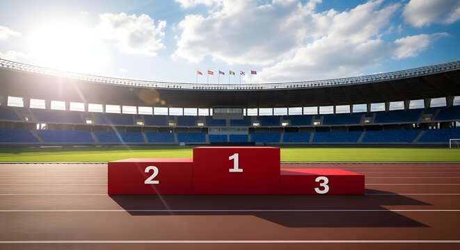 A podium on a track field with a stadium in the background on a sunny day with clouds